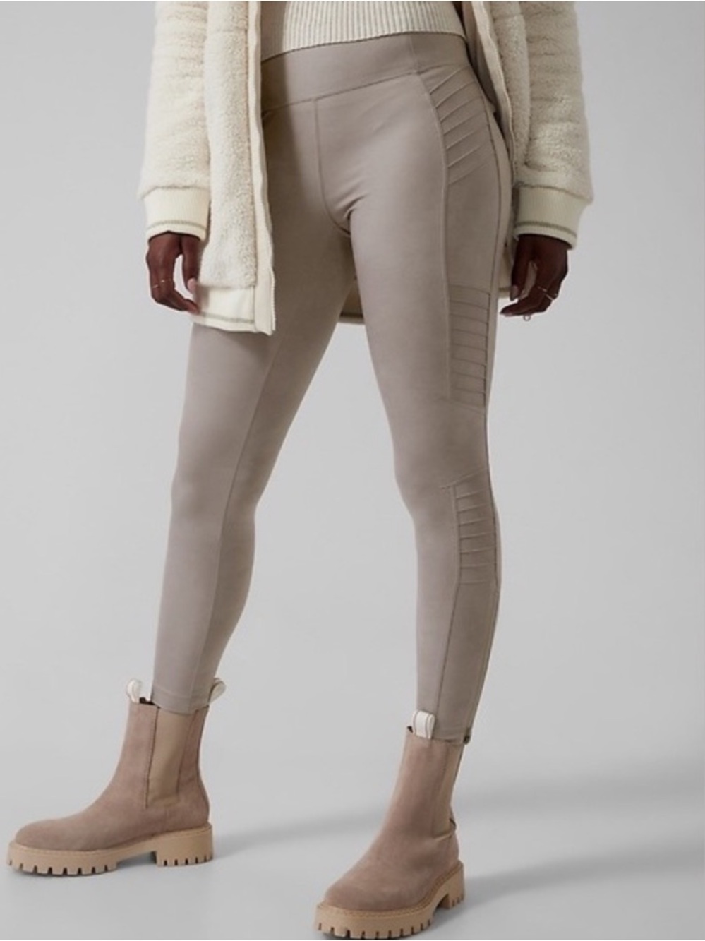Athleta Delancey Gleam Moto Tight Leggings Grey Taupe Ribbed Zip Athletic Pants